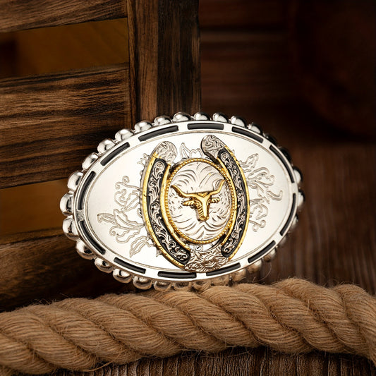 Belt buckle with horse head design on a wooden background