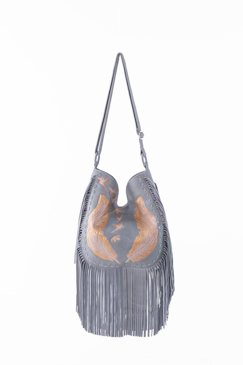 Hand-tooled blue suede bag with feather and bird motif"