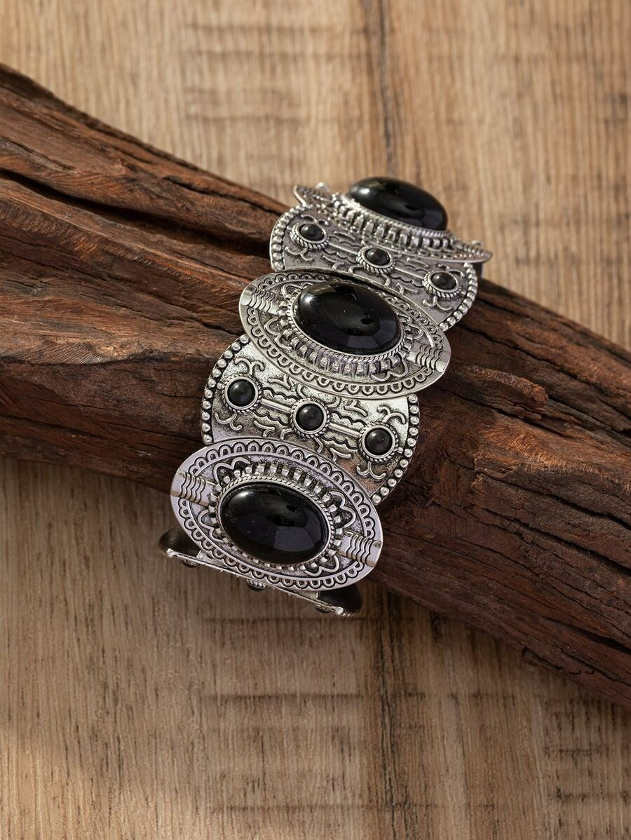 Bohemian western silver cuff bracelet, black onyx statement jewelry, vintage wide link bracelet.
