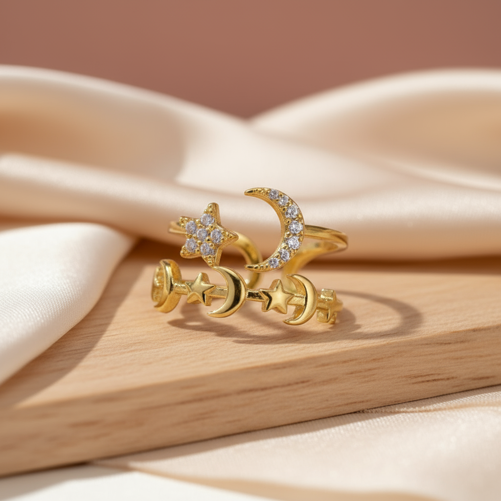 Gold celestial ring with moon and zircon star details Perth Australia House of Hide