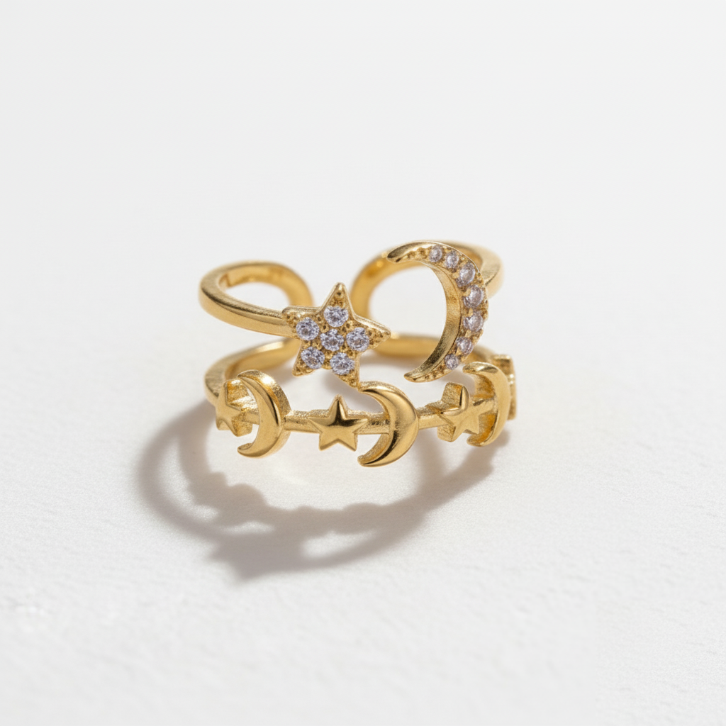 Celestial Charm Ring Perth Australia House of Hide gold moon and star ring