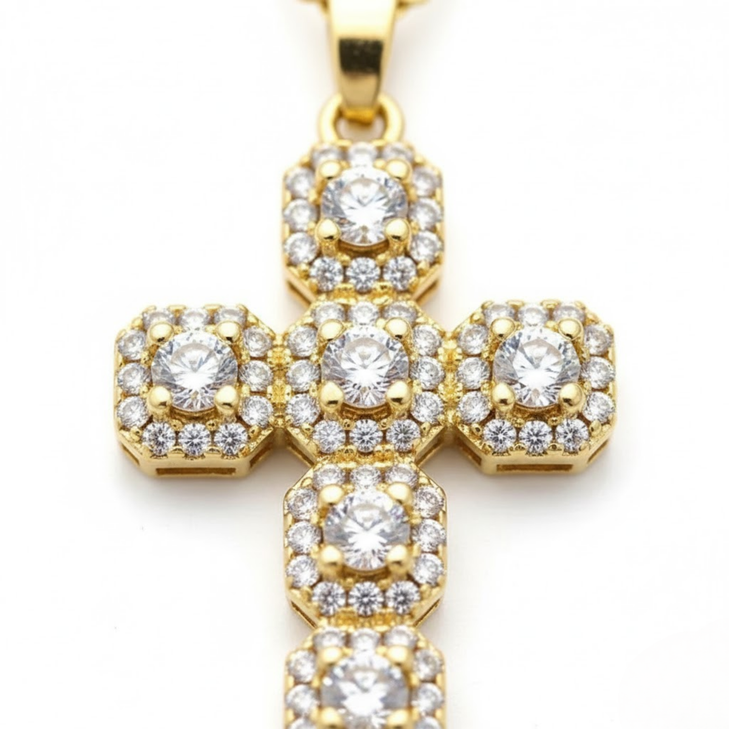 Close-up of Celestial Spark Cross Necklace Perth Australia Houseofhide showing detailed cross design and multicolour crystals.