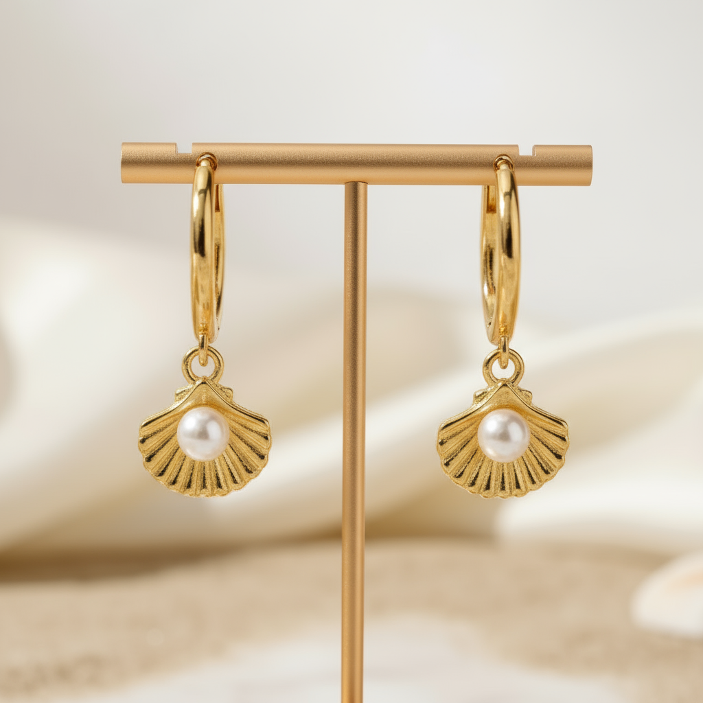 Coastal Glow gold hoops with seashell pendant and luminous zircon stone – ocean-inspired jewellery by Houseofhide Australia