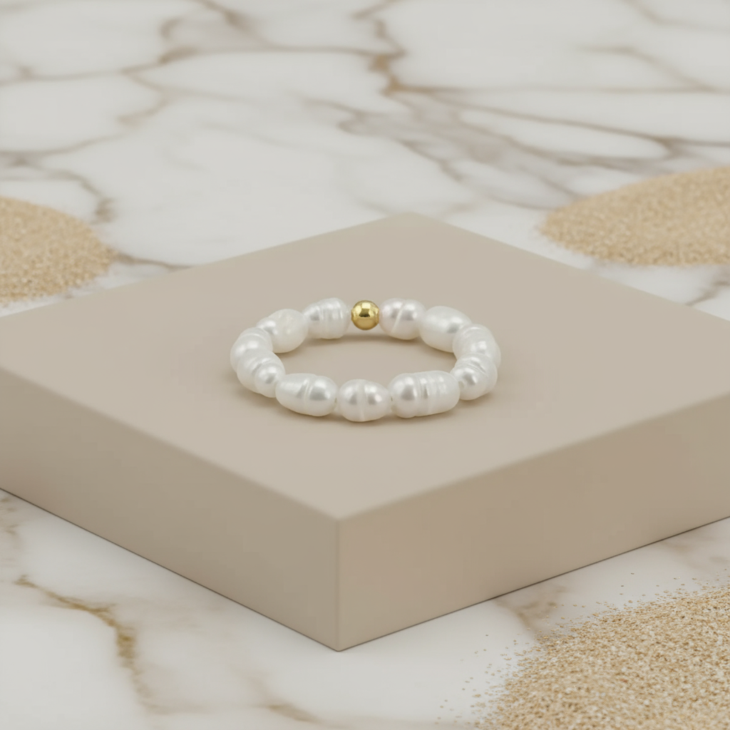 Coastal Glow Pearl Ring Perth Australia hand-threaded freshwater pearl ring with gold detail for relaxed sophistication
