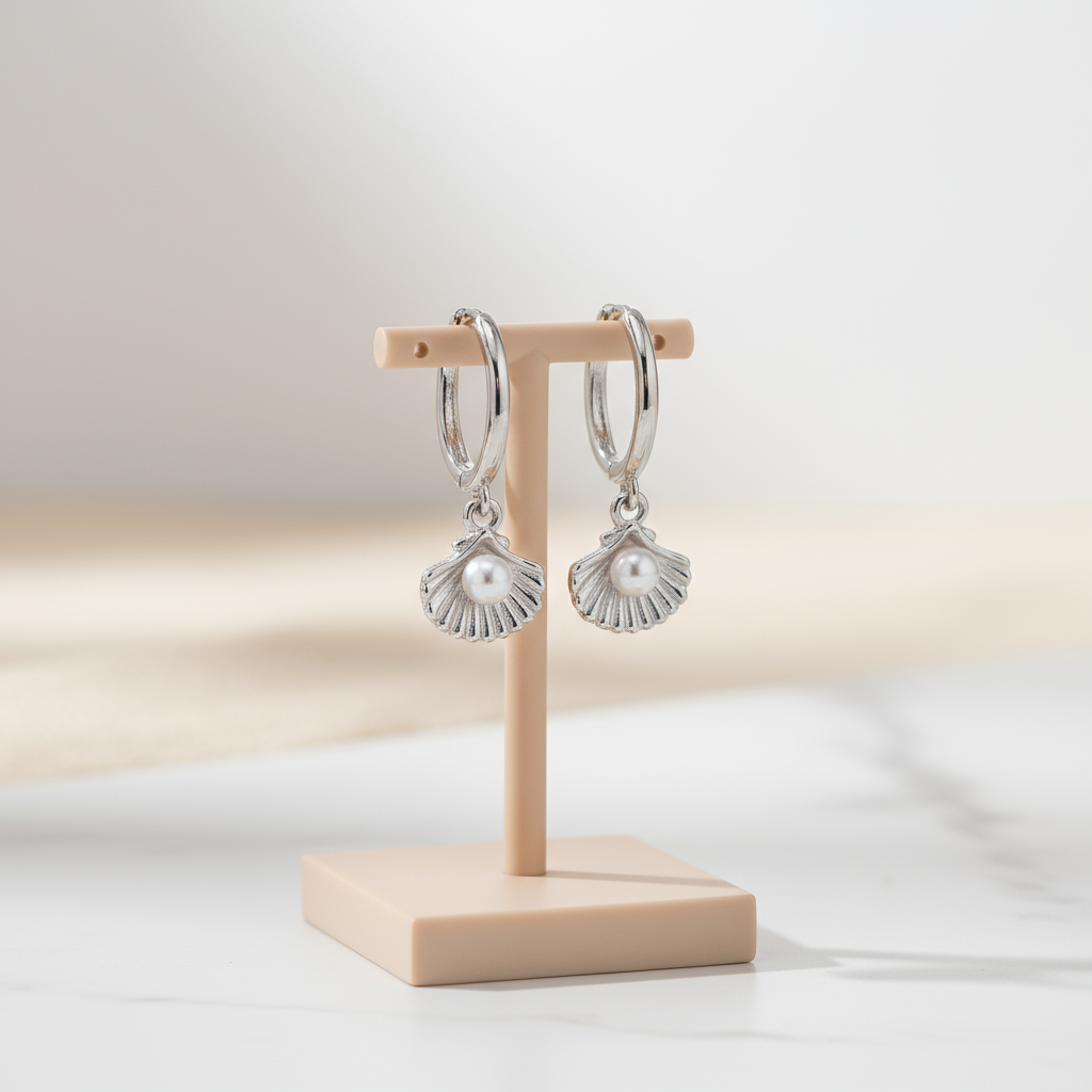 Lightweight silver hoop earrings featuring delicate seashell and pearl-like zircon – coastal design by Houseofhide Australia