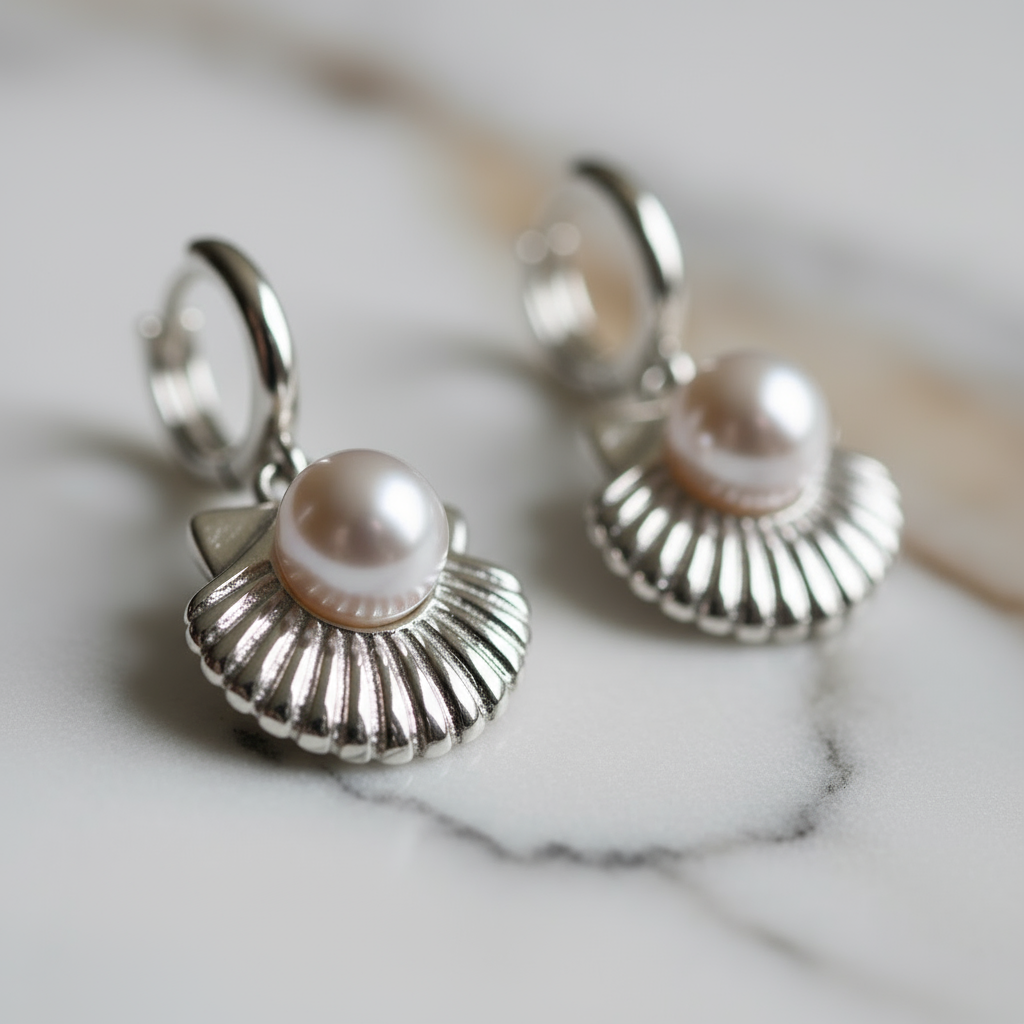 Silver coastal seashell hoops with shimmering pearl accent – seaside-inspired earrings from Houseofhide Perth.