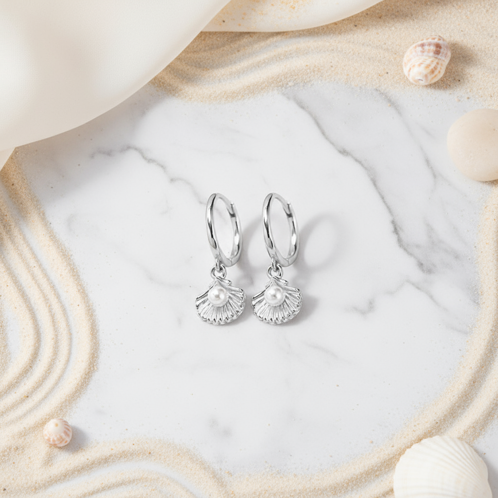 Coastal Glow silver hoops with seashell pendant and luminous zircon – ocean-inspired jewellery by Houseofhide Australia