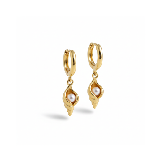 Coastal Pearl Gold Shell Hoop Earrings Perth Australia Houseofhide – gold hoops with shell charm and pearl zircon accent inspired by Australian beaches