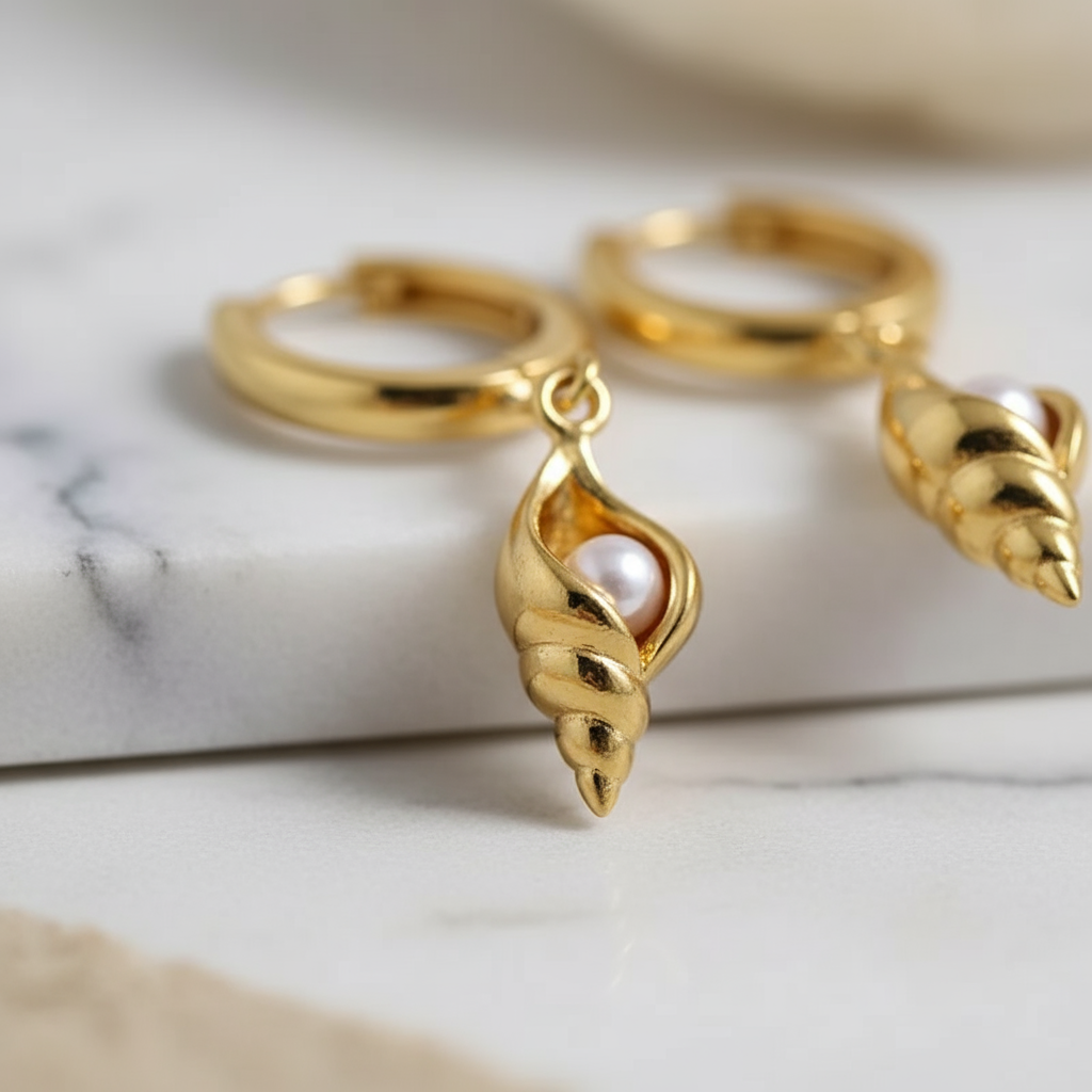 Radiant gold shell hoop earrings with pearl-like zircon – coastal-inspired jewellery from Houseofhide Perth Australia
