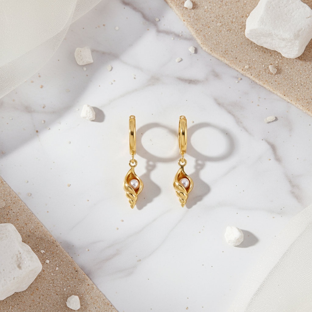 Lightweight gold shell and pearl hoop earrings – seaside-inspired summer jewellery by Houseofhide Perth