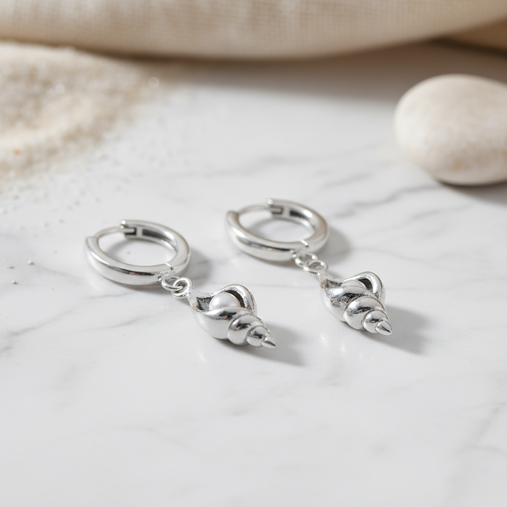 Elegant silver shell hoop earrings with pearl-like zircon stone – coastal jewellery by Houseofhide Perth Australia