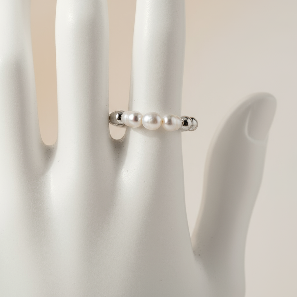 Coastal Pearl Tide Ring Perth Australia pearl and silver stretch ring reflecting seaside charm and relaxed luxury