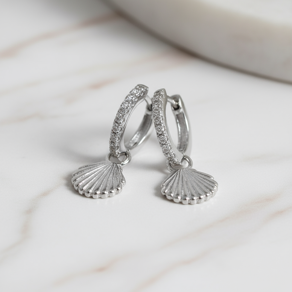 Coastal seashell hoops with silver shine and zircon accents – beach jewellery from Houseofhide Perth Australia