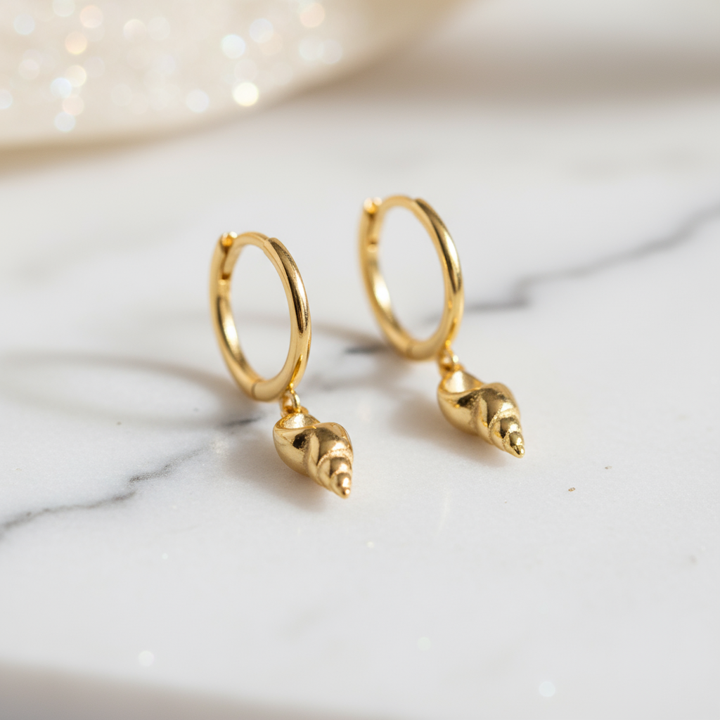 Polished gold hoops featuring shell pendants – seaside elegance from Houseofhide jewellery