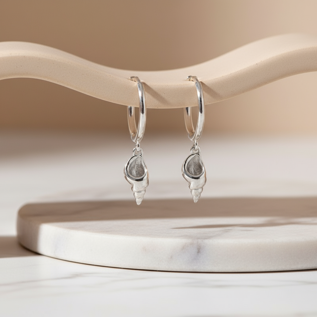Minimalist coastal silver shell hoops – everyday beach jewellery from Houseofhide Australia