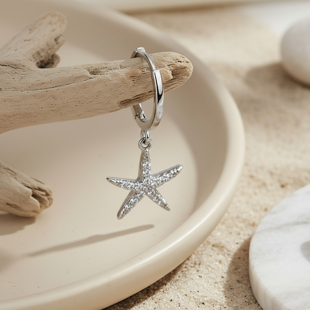 Polished silver hoops featuring sparkling zircon starfish charms – Houseofhide Perth Australia