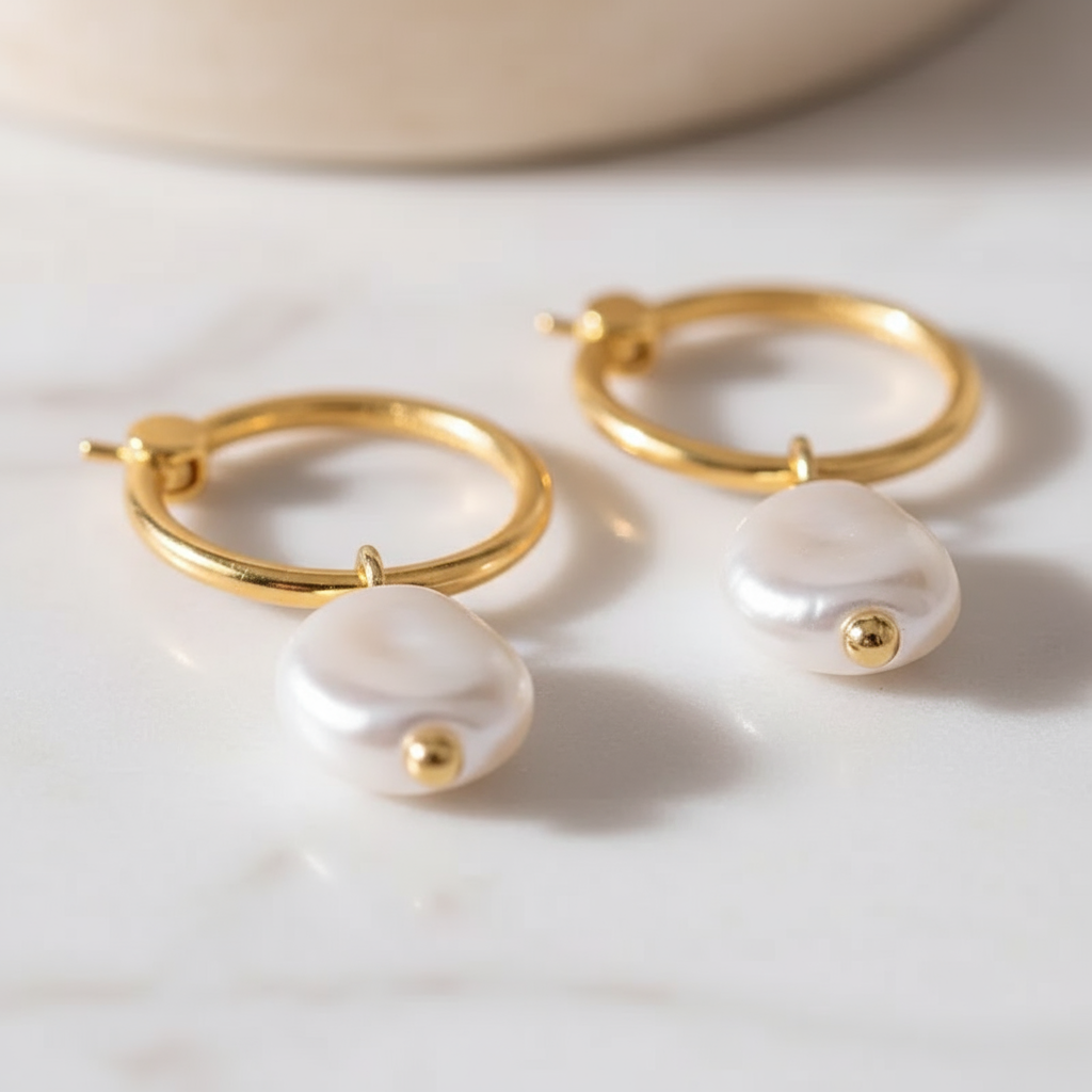 Gold pearl drop hoop earrings by Houseofhide – coastal-inspired Australian summer jewellery