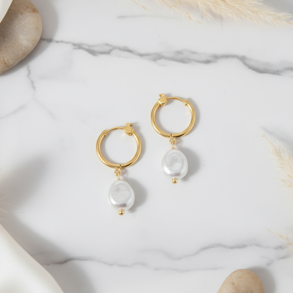 Elegant gold and pearl hoop earrings for beach lovers – handcrafted by Houseofhide Australia