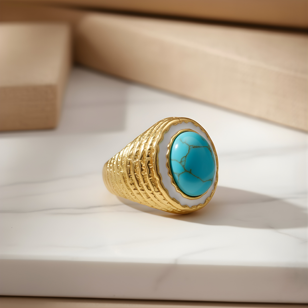 Handcrafted gold ring with turquoise centerpiece Perth Australia House of Hide boho design