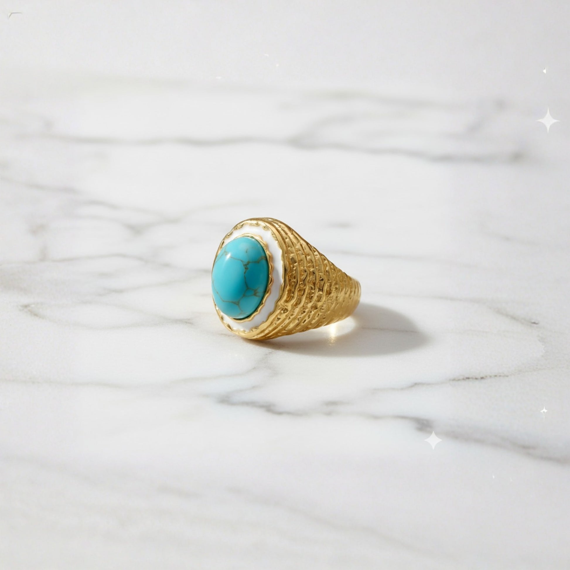 Coral Bay Ring Perth House of Hide turquoise stone gold ring displayed on white background