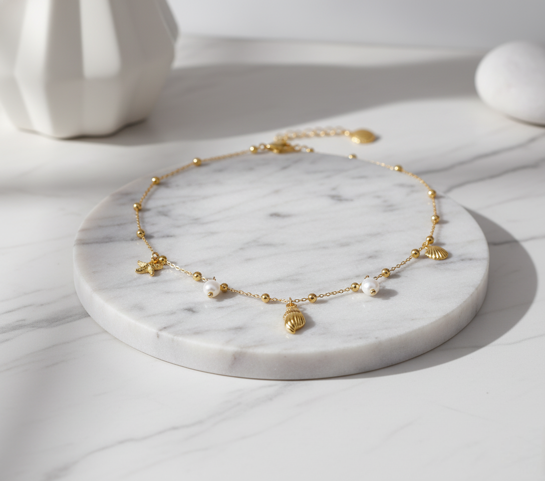 Coral Coast Charm Necklace Perth Australia waterproof gold stainless steel necklace with beach charms and bead accents