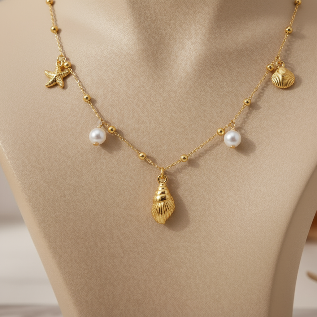 House of Hide Coral Coast Charm Necklace coastal-inspired gold jewellery featuring ocean charms and freshwater pearls