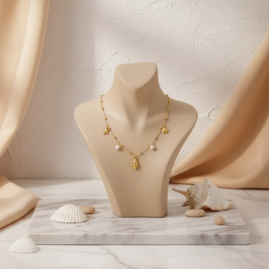 Coral Coast Charm Necklace Perth Australia House of Hide gold shell starfish and conch charm necklace with pearls and zircon details