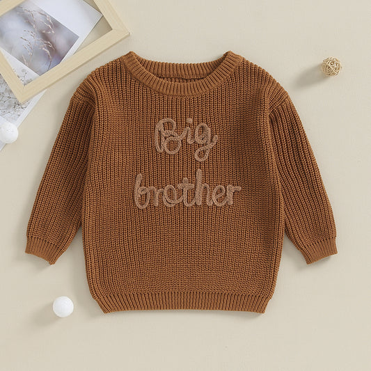 cozy brown “Big Bro” jumper with colourful embroidered lettering, celebrating his new role as big brother; soft and durable toddler sweater ideal for baby announcements and family photos; popular big brother jumper Australia made for comfort, style, and proud sibling moments; must-have big bro jumper for toddlers.
