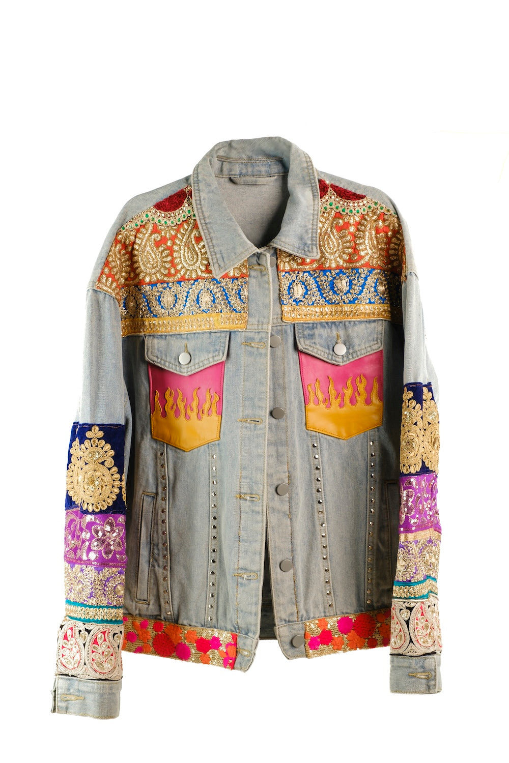 One-of-a-kind boho denim jacket with colourful patchwork and flame motifs – statement jackets for women Australia