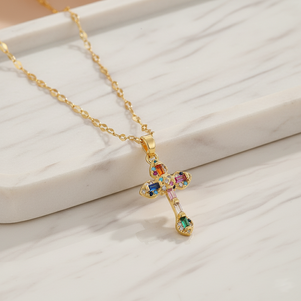 Eternal Bloom Cross Necklace Perth Australia House of Hide gold pendant necklace with sparkling synthetic zirconia stones