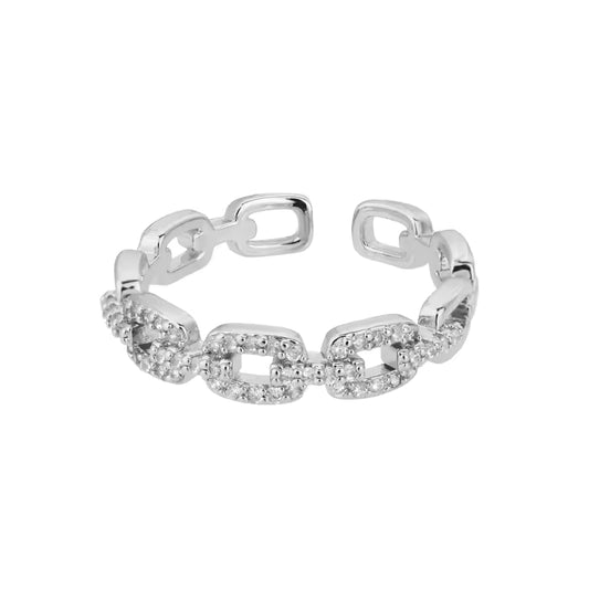 Silver chain-link ring on a white background