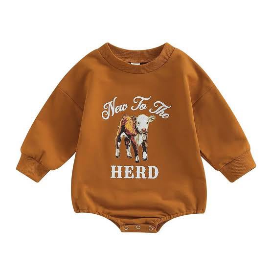 Farm-themed baby sweatshirt romper with "New to the Herd" print.