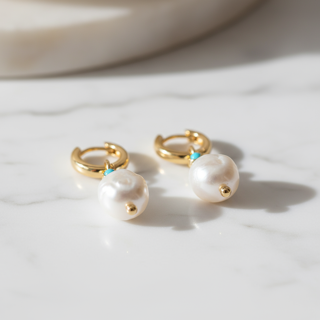 Island Glow Earrings with freshwater pearls and golden shine – refined coastal elegance Australia