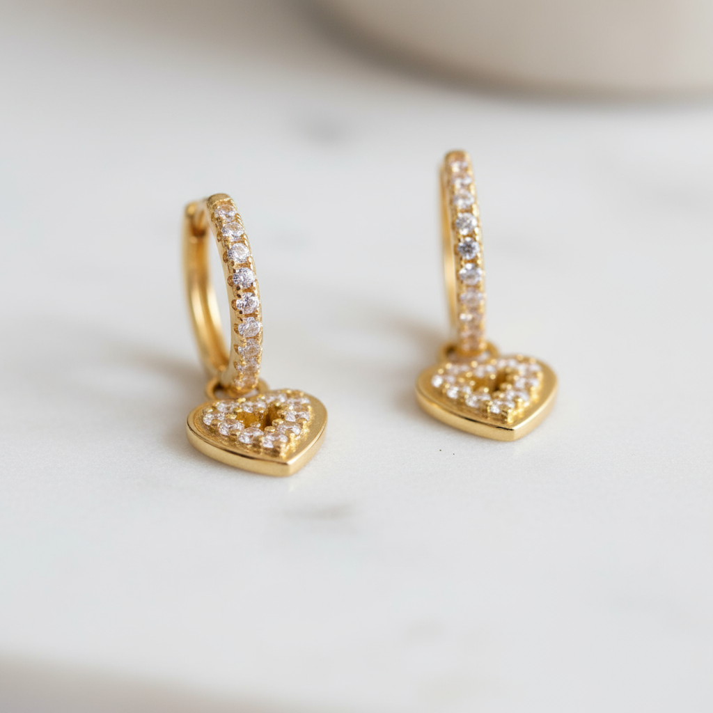 Lightweight gold hoop earrings with zircon heart design – Golden Aura Earrings Australia