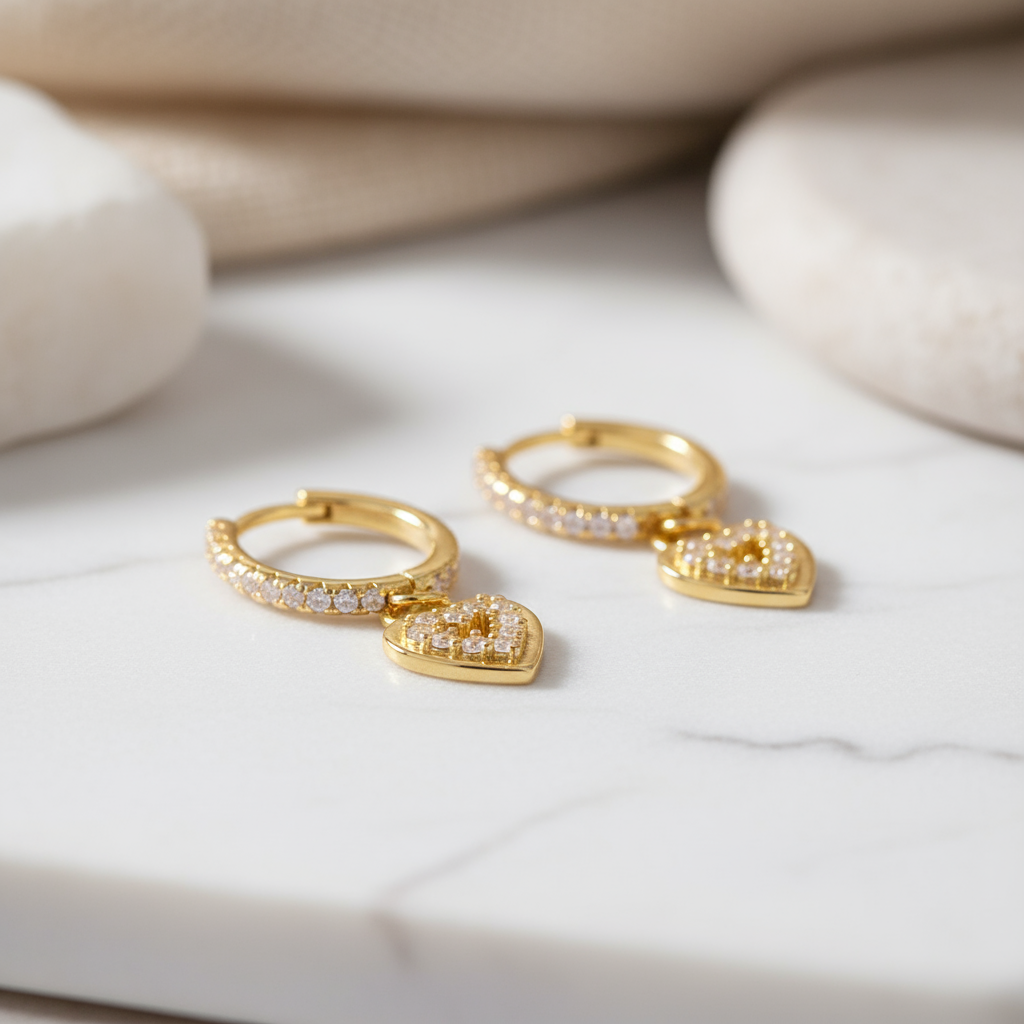 Gold heart charm hoop earrings – elegant Australian jewellery with sparkling zircon stones