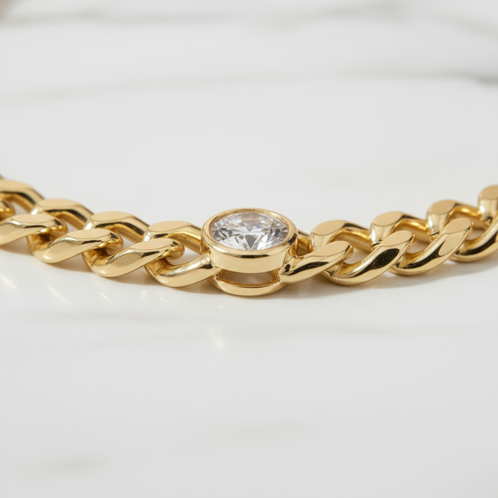 Golden Cuban necklace with five zircon stones and coastal elegance from House of Hide jewellery Perth Australia.