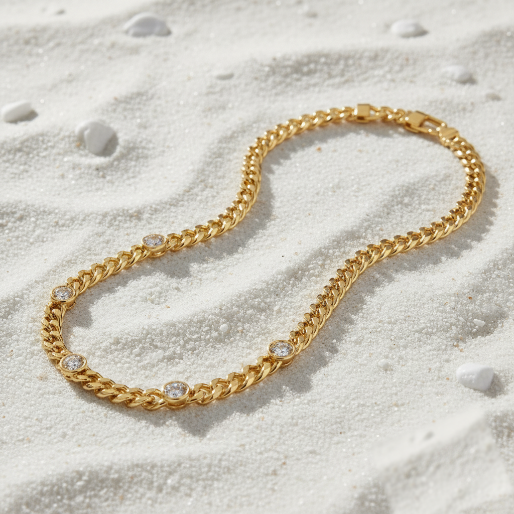 Modern gold Cuban 5 zircon necklace by House of Hide Perth Australia, perfect for beach-inspired luxury style.