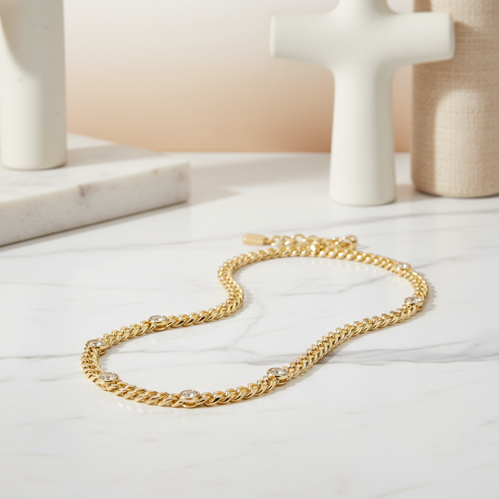 Luxury gold Cuban link necklace with sparkling zircon and beach-luxe charm by House of Hide Perth Australia.
