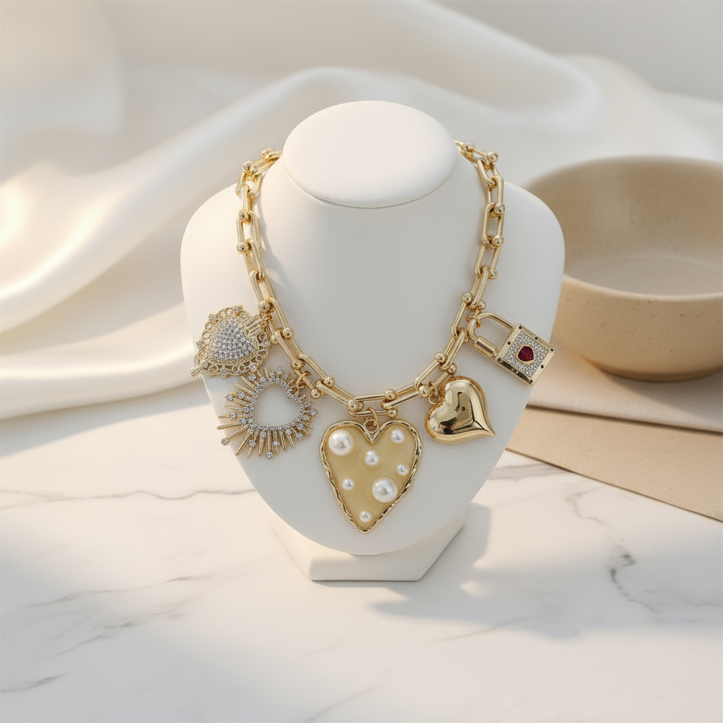 Golden Heart Charm Bracelet Perth Australia Houseofhide styled in soft light to emphasize texture and feminine design.