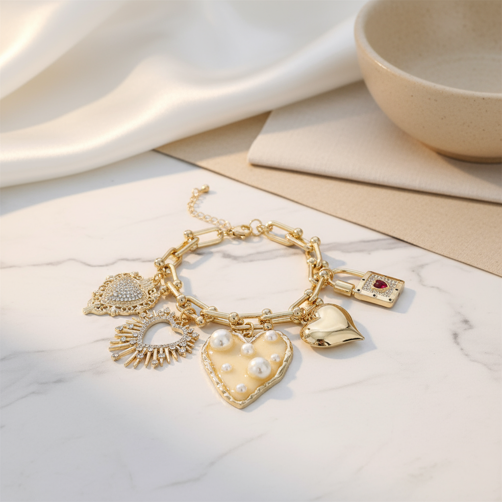 Elegant Golden Heart Charm Bracelet Perth Australia Houseofhide displayed on a reflective surface highlighting radiant gold tones.
