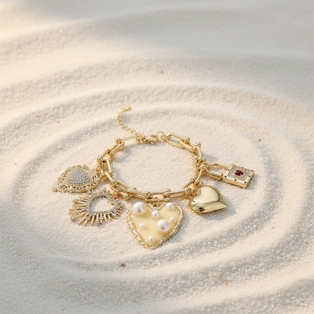 Golden Heart Charm Bracelet Perth Australia Houseofhide placed beside driftwood and sand to evoke tropical sophistication.