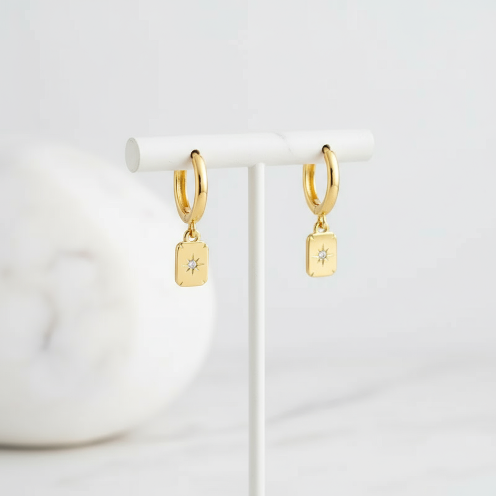 Radiant gold rectangular pendant hoop earrings – Golden Horizon design from House of Hide