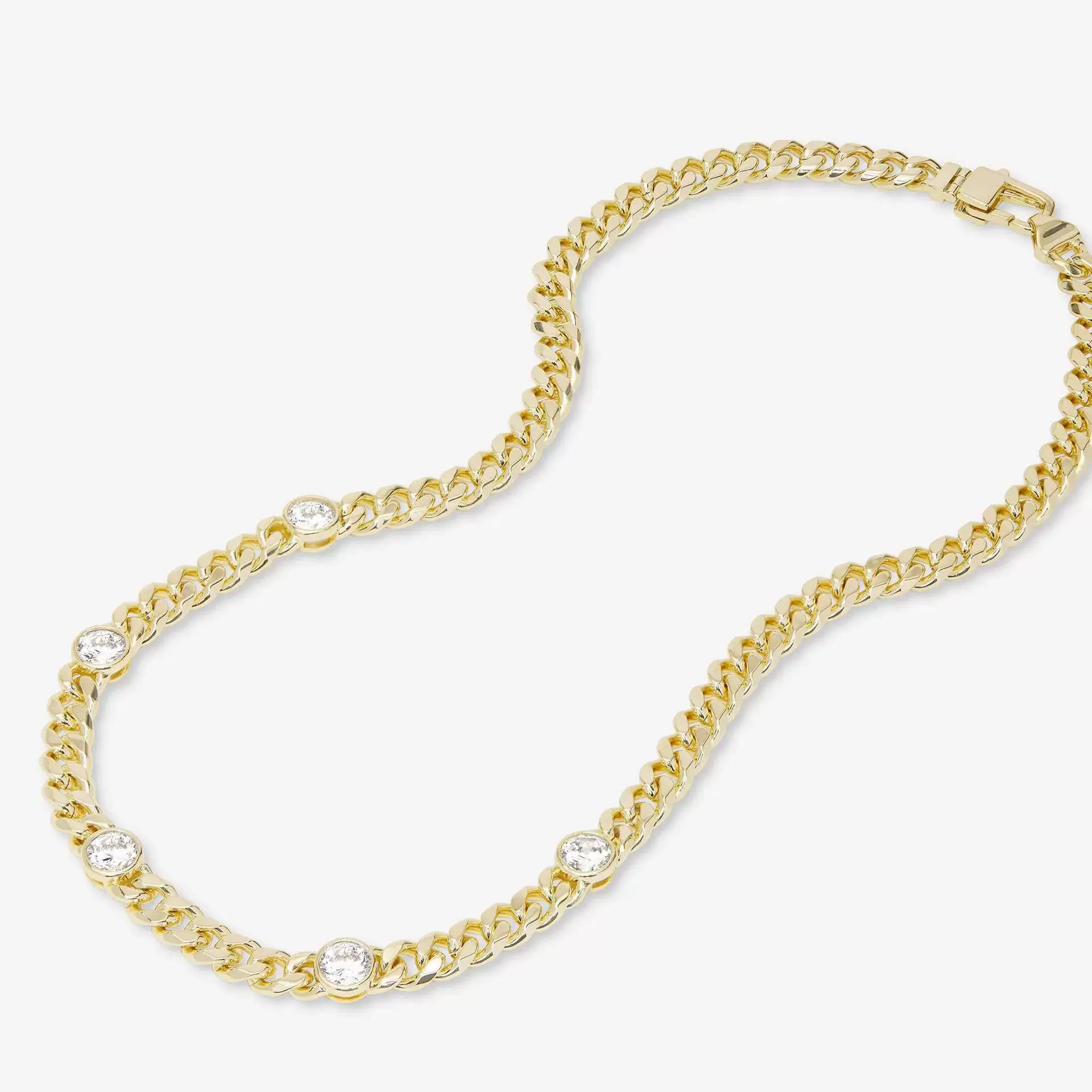 Golden necklace with diamond design on a white background