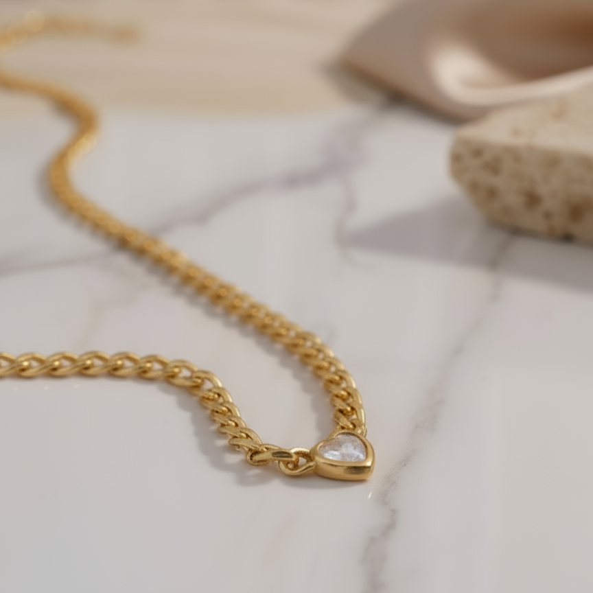 House of Hide Golden Sunlit Heart Necklace zirconia heart pendant gold chain coastal luxury style