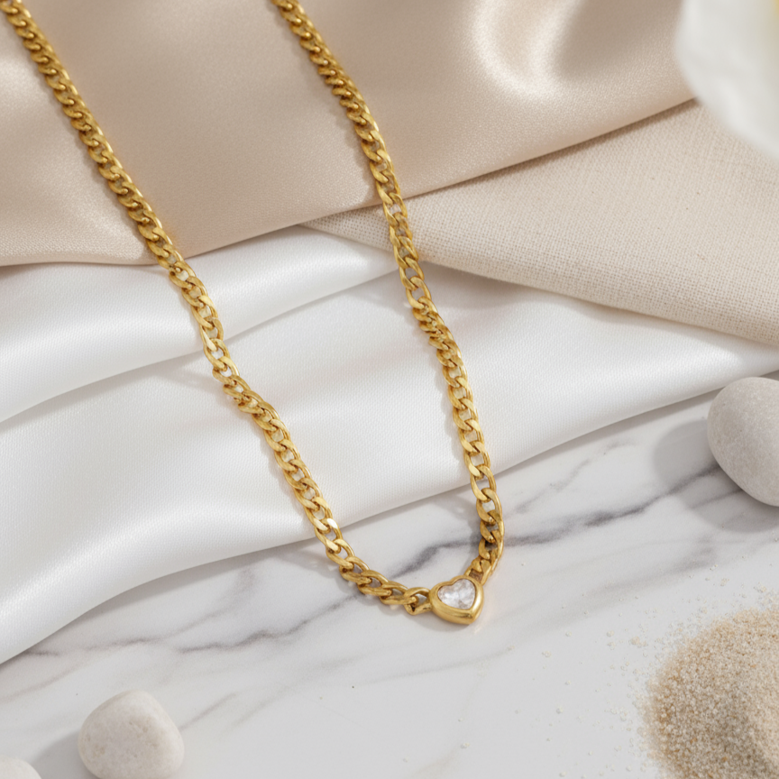 Golden Sunlit Heart Necklace Perth Australia House of Hide 18K gold stainless steel jewellery