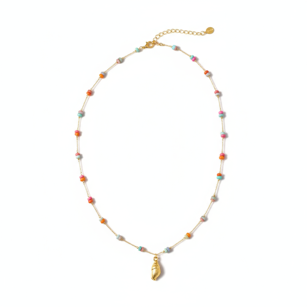 Golden Tide Necklace Perth Australia waterproof gold stainless steel seashell and beaded necklace for modern coastal fashion