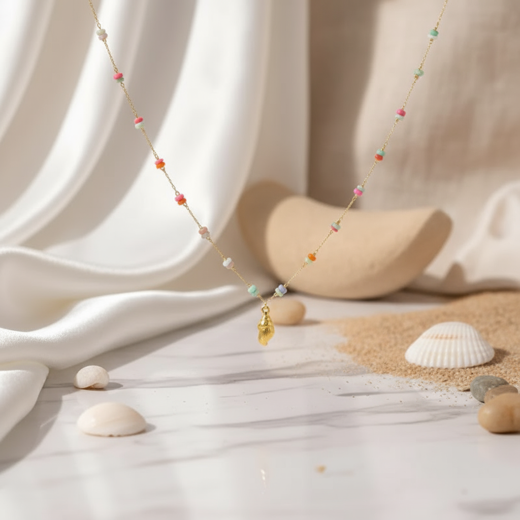 House of Hide Golden Tide Necklace Australian summer jewellery with gold shell charm and multi-colour coastal beads