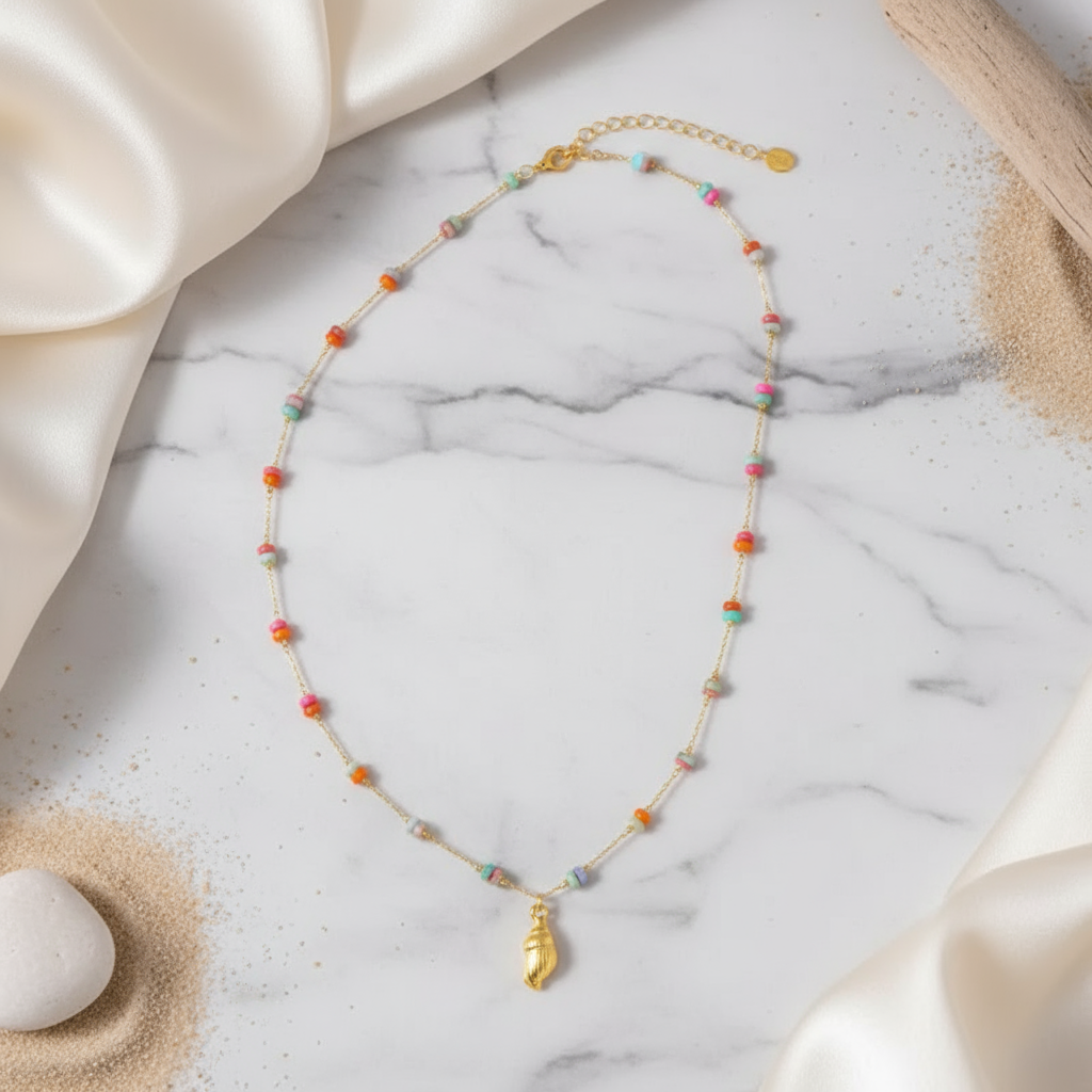 Golden Tide Necklace Perth Australia beach-inspired jewellery featuring shell pendant and vibrant beads by House of Hide