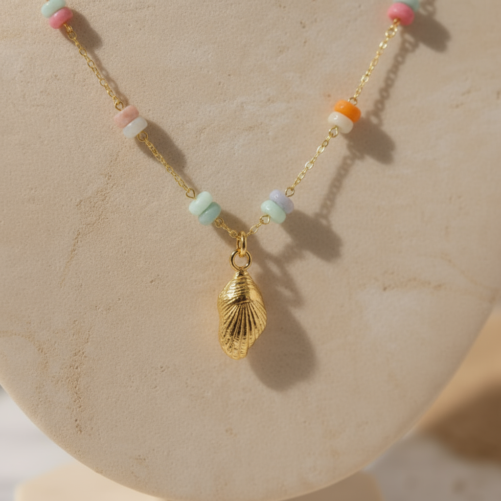 House of Hide Golden Tide Necklace tropical gold stainless steel seashell necklace with colourful beads and zircon accents