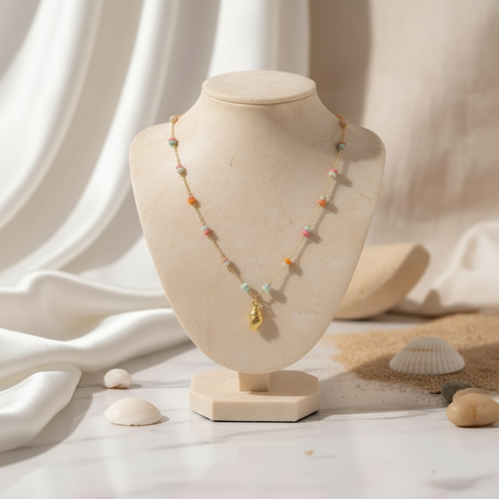 Golden Tide Necklace Perth Australia House of Hide gold seashell pendant with multicoloured beaded chain inspired by coastal style